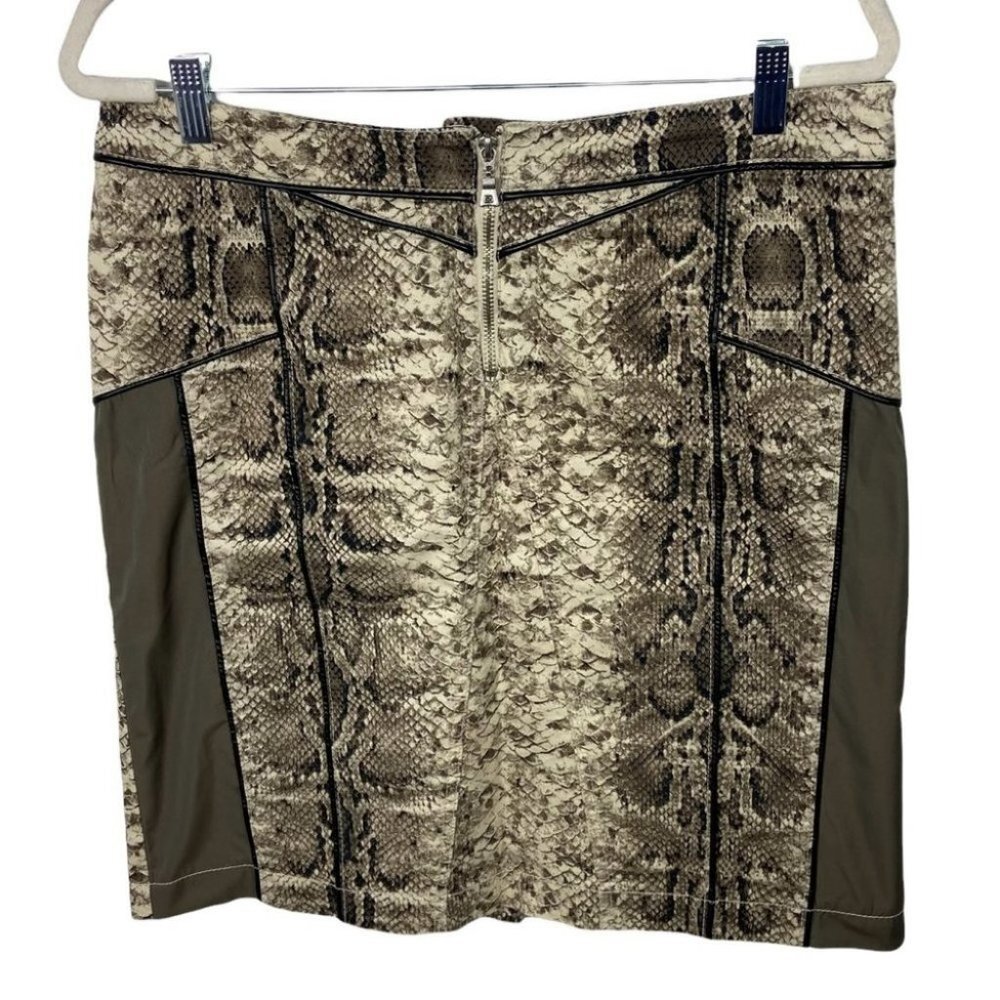Crisca Snake Print Pencil Mini Skirt Size 10 Brown Tan‎ Back Vent Front Zip Boho